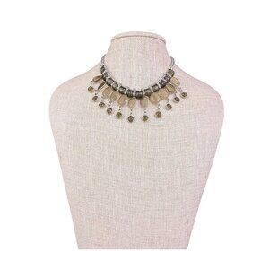 Silver Tone Womens Braided Necklace With Oval Translucent Sones And Charms.